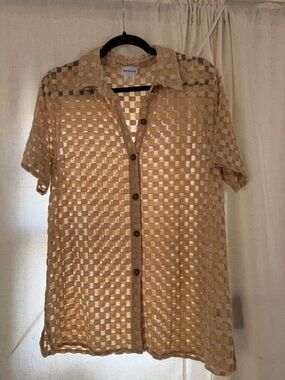 Find Me Now Beige Open-Weave Short Sleeve Button Shirt